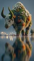 Moss-covered bull stands in a tranquil lake reflecting a serene twilight atmosphere with glowing lights in the background photo