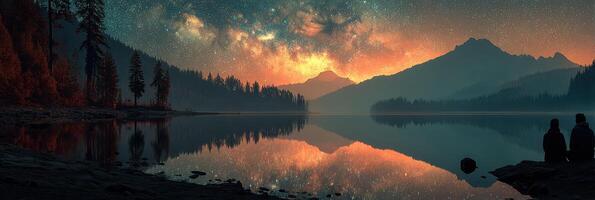 Starry night over a serene lake with silhouetted figures admiring the view of distant mountains photo
