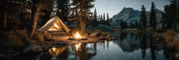 Relaxing camping night by the lake with a campfire and tent under a starlit sky in the mountains photo