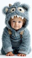 Cute toddler in a furry monster costume playing on a white backdrop while showcasing bright blue eyes and curiosity photo