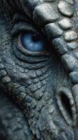 Detailed close-up of a reptilian creature showcasing intricate scales and striking blue eye, demonstrating vivid texture and depth photo
