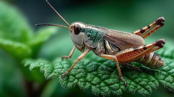 Close-up view of a grasshopper resting on a green leaf in a lush garden during daytime photo