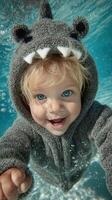 Happy child enjoys swimming in a pool, wearing a cute shark-themed swimsuit during a sunny day photo