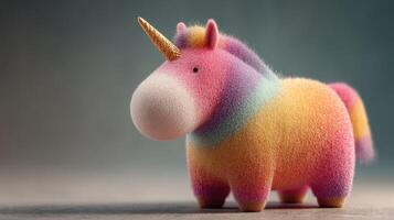 Colorful plush unicorn figurine stands out on soft surface in natural lighting photo