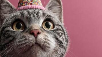 Celebrating a playful cat wearing a colorful party hat against a pink background photo