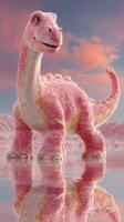 Pink dinosaur stands in tranquil water against a colorful sunset sky in a surreal landscape photo