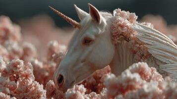 Enchanted unicorn surrounded by pink blossoms in a magical landscape under bright skies photo