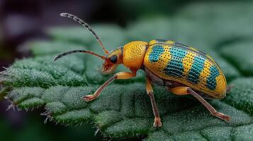 Colorful beetle exploring a leaf in a vibrant garden during daylight hours photo