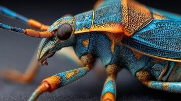 Brightly colored insect with intricate patterns spotted in a natural setting under soft lighting photo