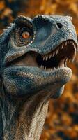 Roaring dinosaur head with detailed scales and fierce expression set against a backdrop of autumn foliage in a prehistoric landscape photo