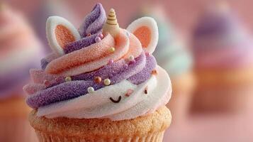Colorful unicorn cupcake with swirled frosting adorned with sprinkles on a pastel background photo