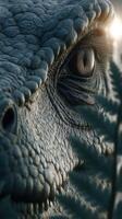 Close-up view of a textured reptile eye in a lush environment during early morning light photo