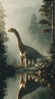 Dinosaur walking near a serene lake surrounded by lush forests during early morning mist photo