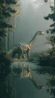 Dinosaur walking near a tranquil pond in a misty prehistoric forest during a serene early morning photo