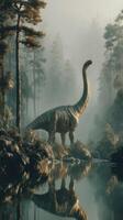 Majestic dinosaur stands by tranquil river surrounded by lush prehistoric forest in early morning light photo