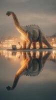 Dinosaur stands beside person working on laptop near water during twilight with reflections of lights on the surface photo