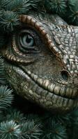 Detailed close-up of a reptilian creature partially hidden among pine branches in a forest setting photo