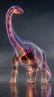 Giant dinosaur silhouette with glowing outlines stands against a dark sky at twilight, showcasing a futuristic interpretation of a classic creature photo