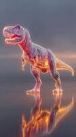 Dinosaur figure illuminated with neon lights stands on reflective surface against a dramatic sky at dusk photo