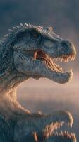 Stunning close-up of a dinosaur emerging from misty water at dawn, showcasing its fierce features and powerful presence photo