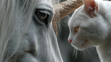 White unicorn and cat gazing at each other in a mystical forest setting during twilight photo