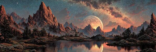 Majestic mountain landscape under a starry sky with a large moon reflecting on tranquil water photo