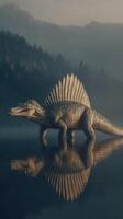 Dinosaur emerges from misty lake at dawn showcasing its majestic dorsal sail in a prehistoric environment photo