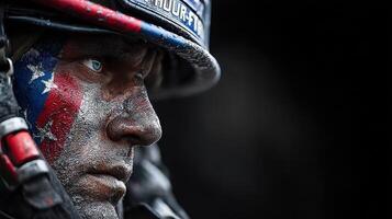 Soldier with painted face in military gear during a battle preparation scene in an urban environment at dusk photo