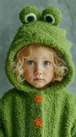 Child dressed in a green animal-themed hooded outfit poses for a close-up portrait in a soft-toned setting photo
