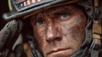 Soldier saluting with determination after a challenging mission in a rugged environment photo