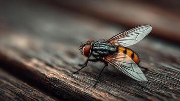 Close-up view of a vibrant orange-striped fly resting on a wooden surface under soft lighting photo