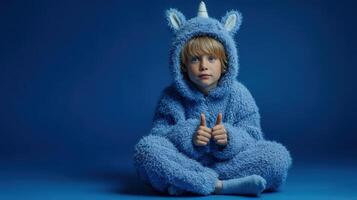 Child in blue unicorn onesie sitting cross-legged on a blue background during a playful indoor session photo
