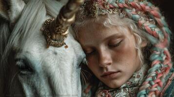 Girl resting beside a unicorn in a tranquil setting with soft light and whimsical colors during golden hour photo