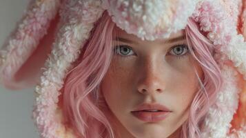 Portrait of a girl in a fluffy bunny hat with pastel pink hair and soft features in a close-up setting photo