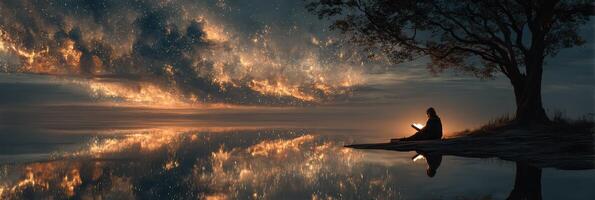 Quiet reflection by the water under a starlit sky on a calm evening photo