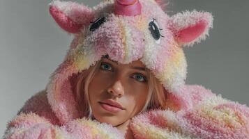 Young person wearing a colorful unicorn onesie with a cozy design posing indoors during daytime photo