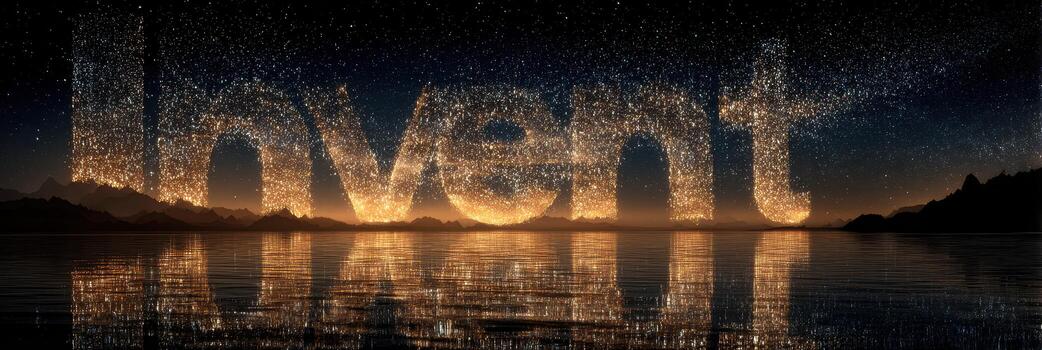 Creative light display captures the word invent reflected in serene waters at twilight photo