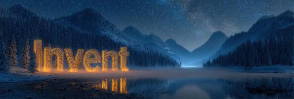 Creative illumination of the word 'Invent' in a snowy mountain landscape at night under a starry sky photo