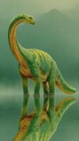 Majestic green dinosaur reflecting in a serene lake at dawn surrounded by misty mountains photo