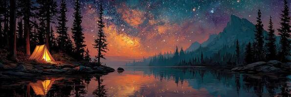 Starlit camping night by a tranquil lake surrounded by distant mountains and tall pine trees photo