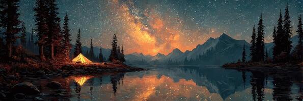 Starry night over tranquil lake with campsite and mountains in the background photo