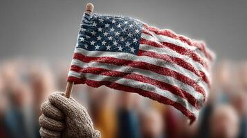 People proudly wave a weathered American flag at a rally during a sunny afternoon event promoting patriotism and national unity photo