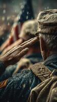 Veteran saluting during a somber military ceremony on a rainy day in a historical setting photo