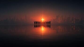 People celebrating a spiritual gathering with a cross against a sunset in an urban setting by a calm body of water photo