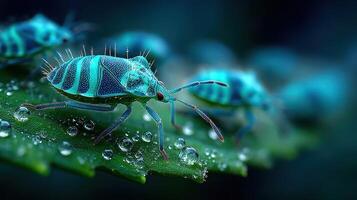 Close-up view of vibrant blue insects on a leaf in a lush environment during a rainy afternoon photo