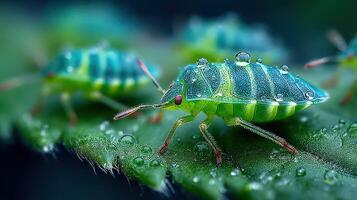 Colorful insects covered in water droplets on a green leaf in a natural setting during the daytime photo