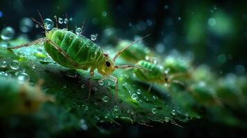 Tiny green aphids crawl on a leaf covered in droplets in a lush garden setting during the early morning hours photo