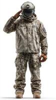 Military personnel in advanced tactical gear performs a salute in a neutral setting during a training session photo