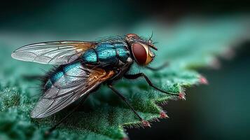 Close-up view of a colorful fly resting on a green leaf in nature photo