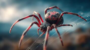 Close-up of a red and black spider weaving its intricate web in a natural setting during daylight hours photo
